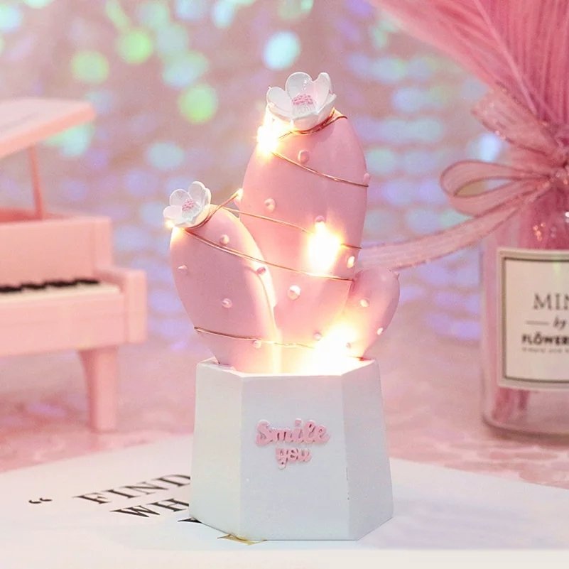 Işıklı Pembe Kaktüs Tasarım Biblo Smile You