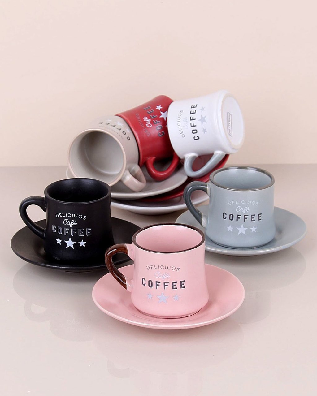 Renkli 12 Parça Seramik Kahve Takımı