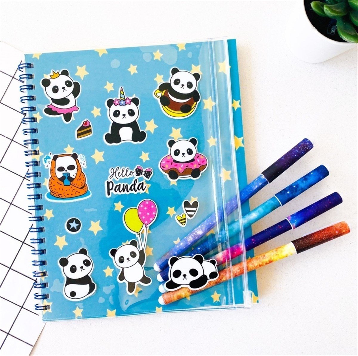 Mavi Panda Şeffaf Kalemlik Bölmeli Defter