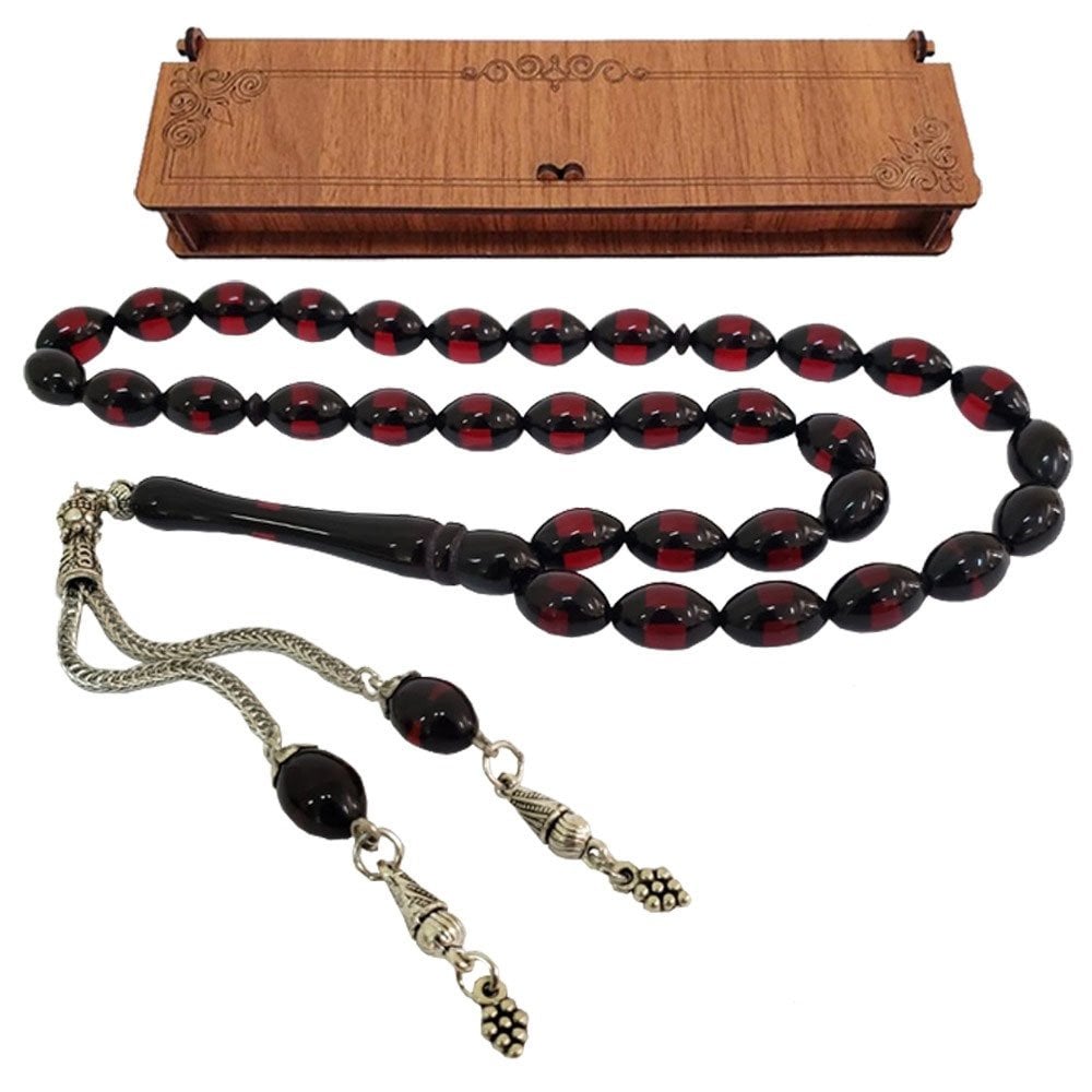 Siyah Kırmızı Toz Kehribar Tesbih Ahşap Kutulu