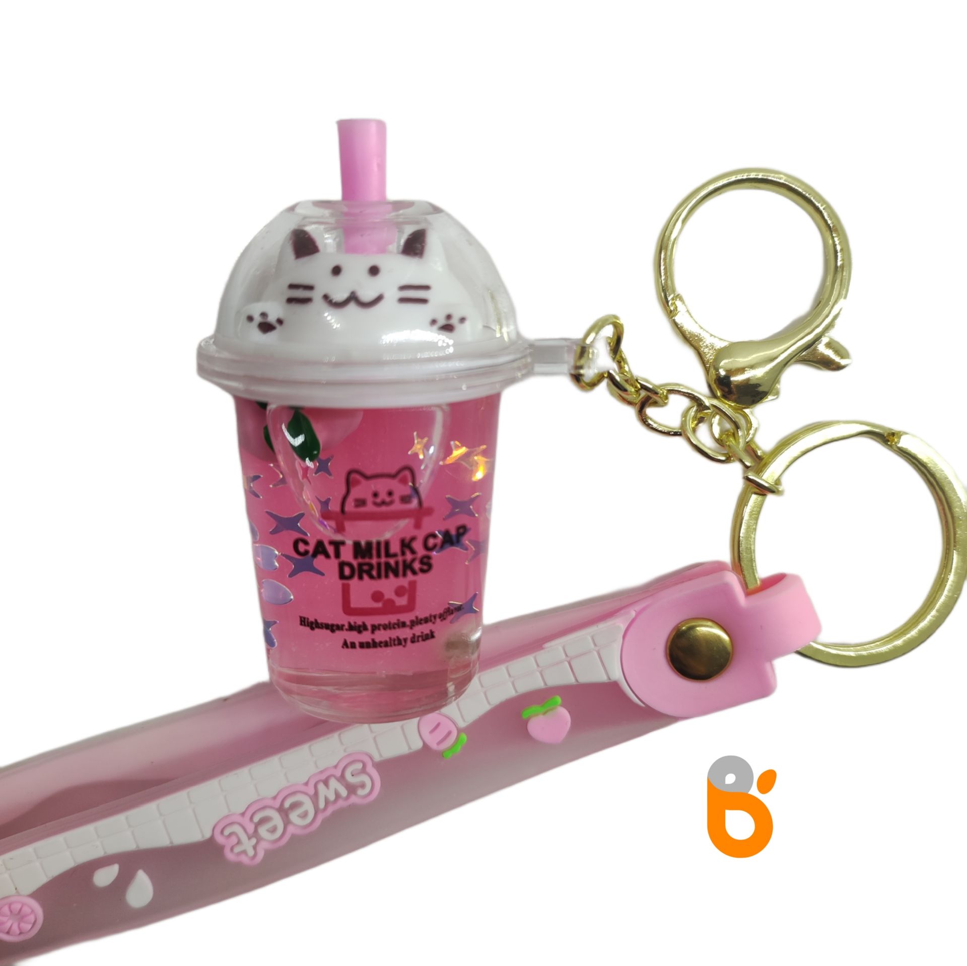 İçi Sulu Renkli Kedi Kapaklı Milkshake Bardağı Anahtarlık ve Çanta Aksesuarı Süsü