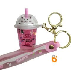 İçi Sulu Renkli Kedi Kapaklı Milkshake Bardağı Anahtarlık ve Çanta Aksesuarı Süsü