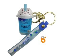 İçi Sulu Renkli Kedi Kapaklı Milkshake Bardağı Anahtarlık ve Çanta Aksesuarı Süsü