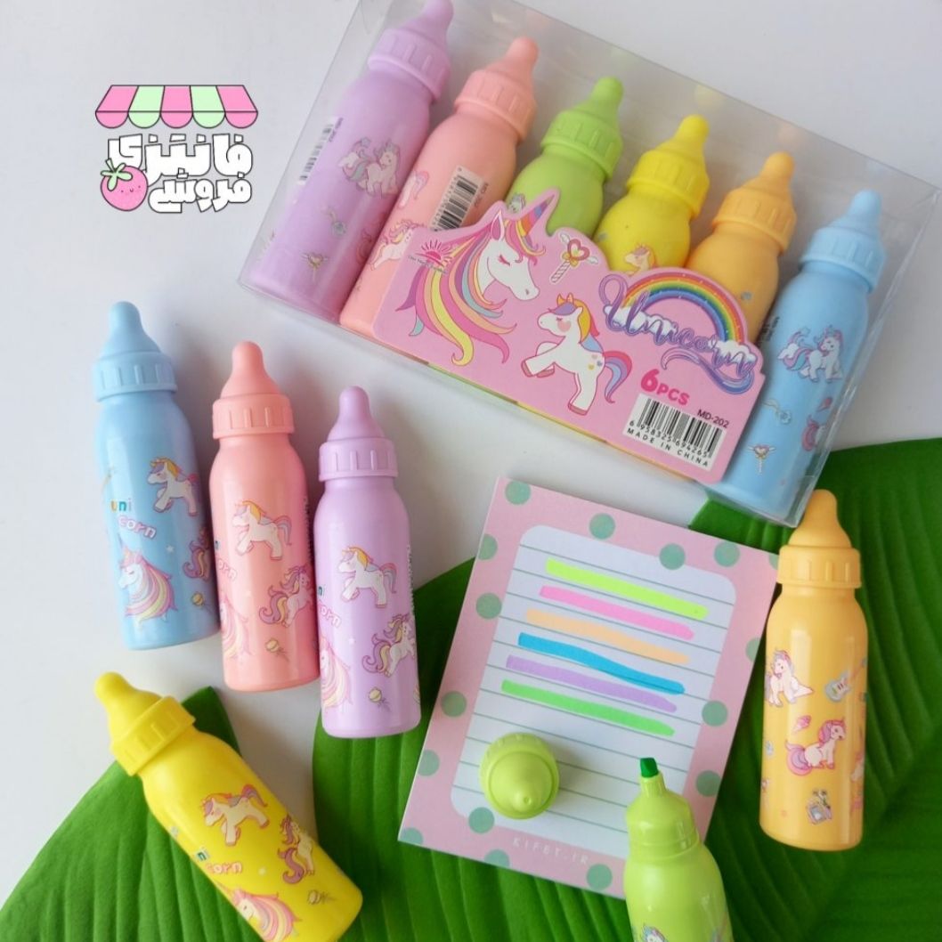 Unicorn Milky Biberon 6lı Fosforlu Kalem Seti Büyük Boy Süt Şişesi Fosforlu Kalem