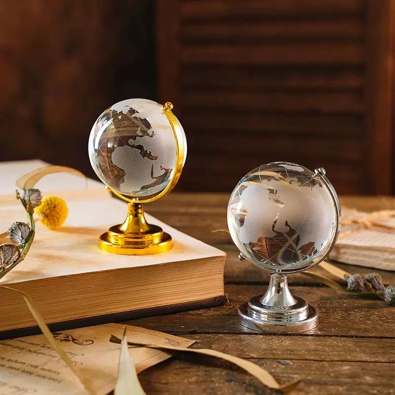 Küçük Boy Kristal Dönen Cam Dünya Küresi Ofis Masa Aksesuarı Cam Küre Hediye Süs
