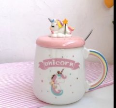Sevimli Unicorn 3D Kapaklı Kaşıklı Seramik Kupa Bardak