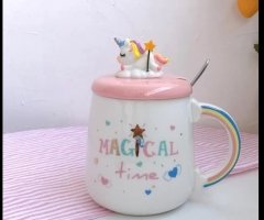 Magical Time Sevimli Unicorn 3D Kapaklı Kaşıklı Seramik Kupa Bardak