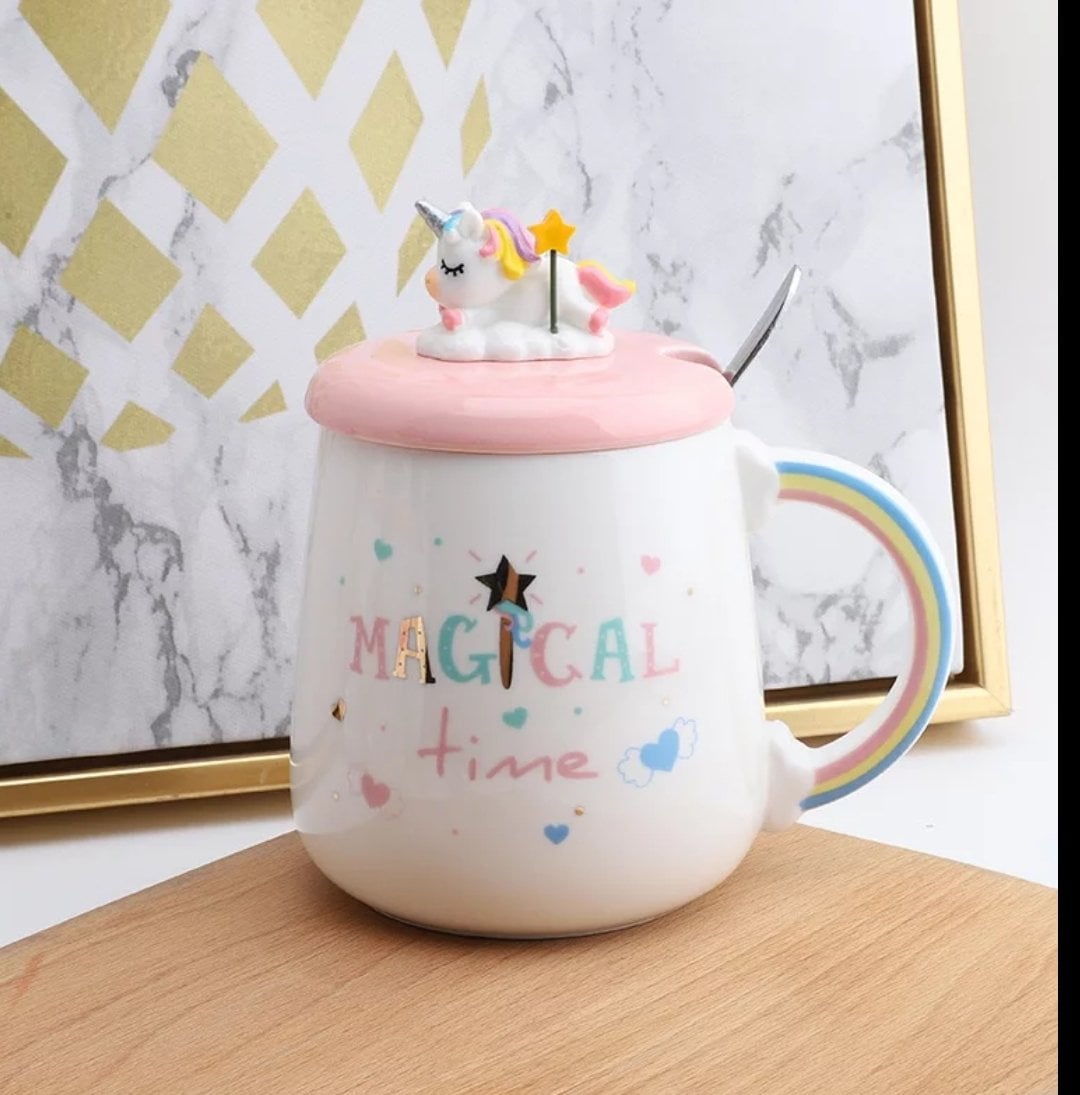 Magical Time Sevimli Unicorn 3D Kapaklı Kaşıklı Seramik Kupa Bardak