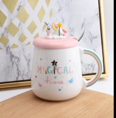 Magical Time Sevimli Unicorn 3D Kapaklı Kaşıklı Seramik Kupa Bardak