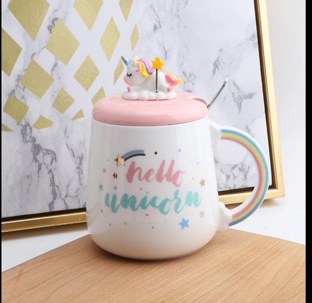 Hello Unicorn Sevimli 3D Kapaklı Kaşıklı Seramik Kupa Bardak
