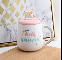 Hello Unicorn Sevimli 3D Kapaklı Kaşıklı Seramik Kupa Bardak