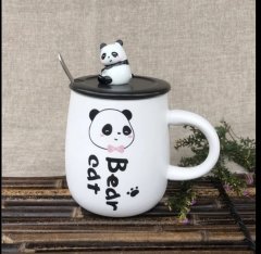 Sevimli Panda Bear Cat 3D Kapaklı Kaşıklı Seramik Kupa Bardak
