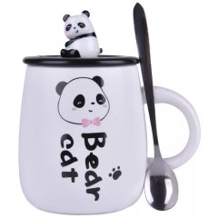 Sevimli Panda Bear Cat 3D Kapaklı Kaşıklı Seramik Kupa Bardak