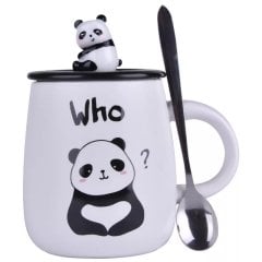 Sevimli Panda Who 3D Kapaklı Kaşıklı Seramik Kupa Bardak