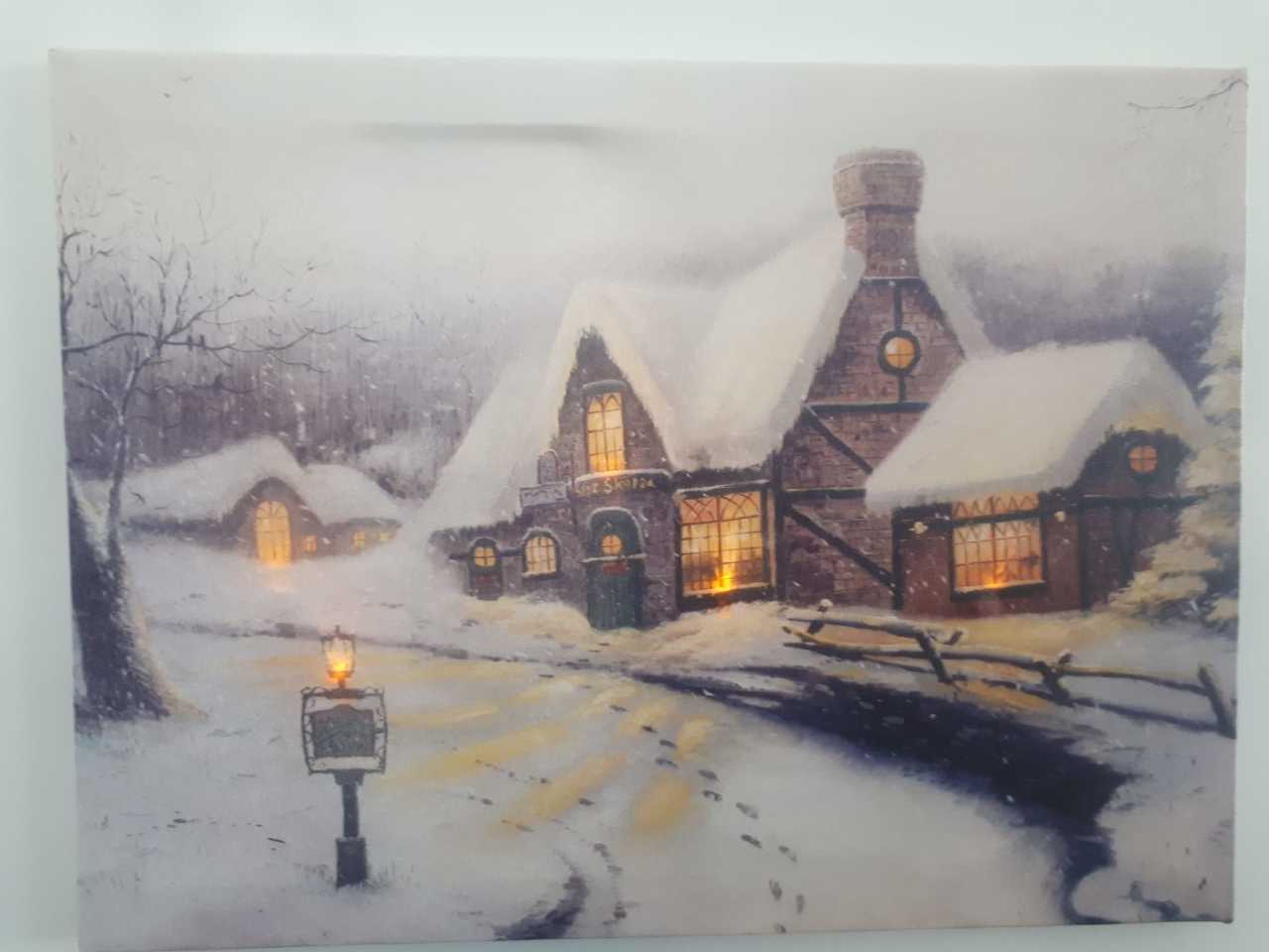 Kış Dağ Evi Işıklı Kanvas Tablo 30x40 Cm