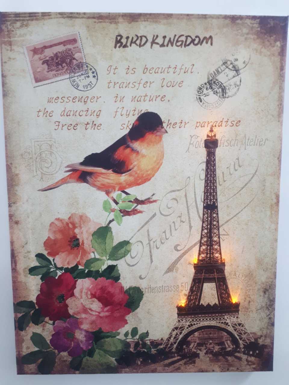 Eyfel Kulesi Kuş Işıklı Kanvas Tablo 30x40 Cm