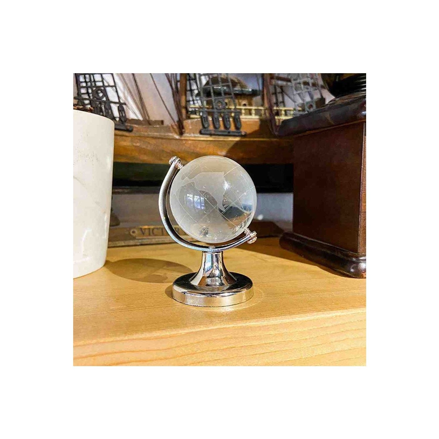 Kristal Cam Dünya Küresi Ofis Masa Aksesuarı Cam Küre Hediye Süs 6 Cm Çap