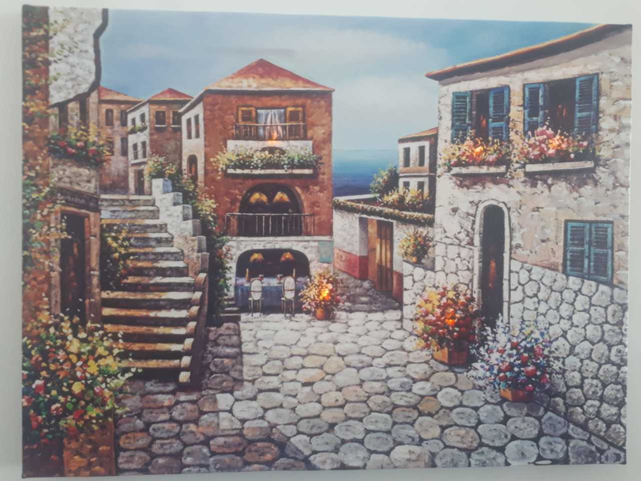Manzaralı Taş Evler Işıklı Kanvas Tablo 30x40 Cm