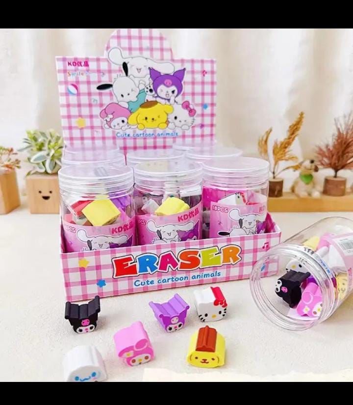 Sanrio Kawaii Kuromi Cinnamoroll My Melody Figürlü Mini Silgiler Okul Öncesi Sevimli 18 Adet