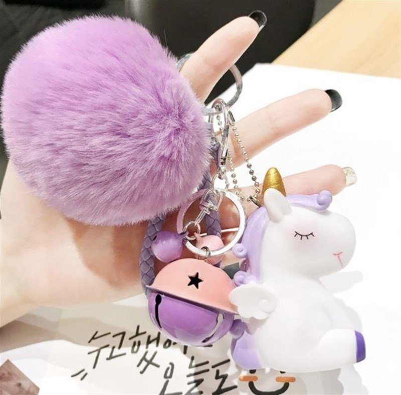 Zilli ve Ses Çıkaran Unicorn Anahtarlık Çanta Süsü Lila Peluş Anahtarlık