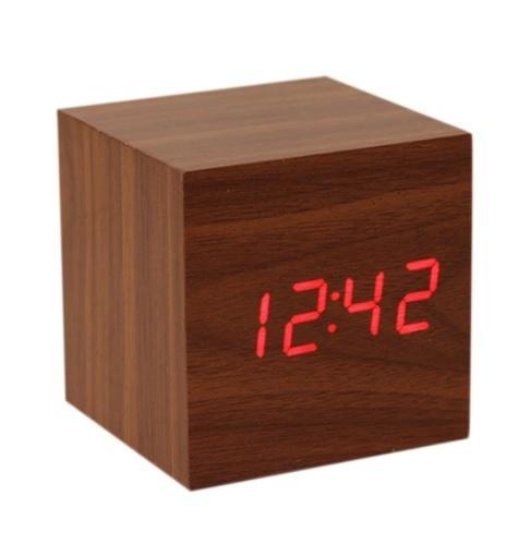 Ahşap Görünümlü Alarmlı Termometreli Dijital Gizli Küp Saat Sese Duyarlı Koyu Renk