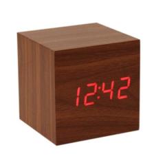 Ahşap Görünümlü Alarmlı Termometreli Dijital Gizli Küp Saat Sese Duyarlı Koyu Renk