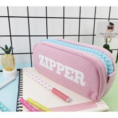 Pembe-Mavi Kumaş Büyük Fermuarlı Geniş Zipper Kalemlik