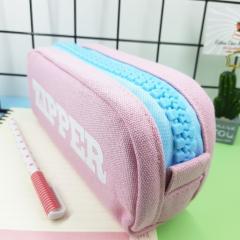 Pembe-Mavi Kumaş Büyük Fermuarlı Geniş Zipper Kalemlik