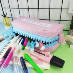 Pembe-Mavi Kumaş Büyük Fermuarlı Geniş Zipper Kalemlik