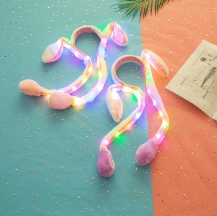 3 Fonksiyonlu Led Işıklı  Pompalı Hareketli Peluş Tavşan Kulağı Taç Saç Bandı
