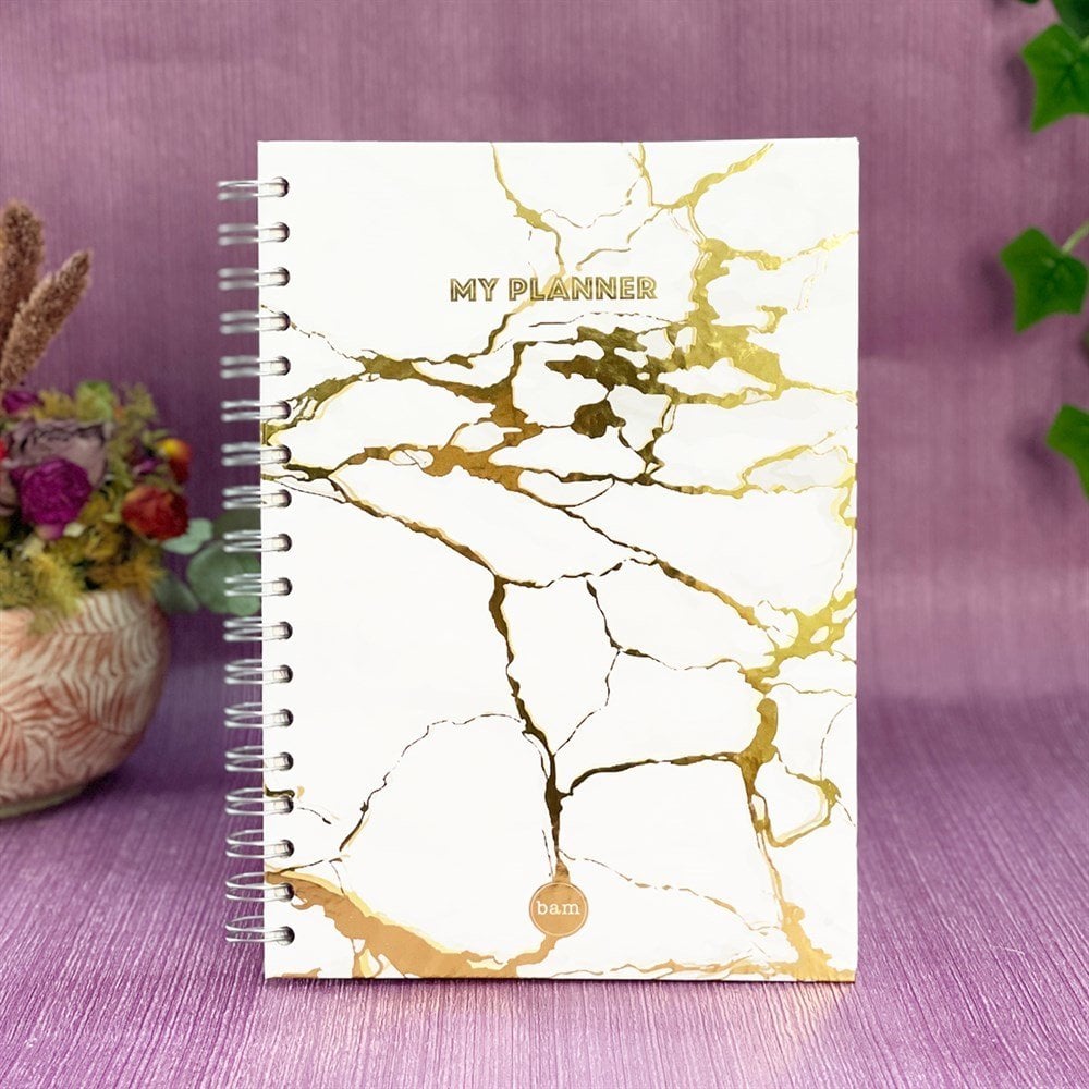 Altın Yaldızlı Beyaz Mermer Tasarımlı Konuşan Ajanda