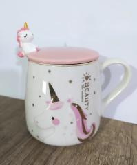 3D Seramik Unicorn Beauty Kupa Kapaklı Kaşıklı Bardak