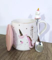 3D Seramik Unicorn Beauty Kupa Kapaklı Kaşıklı Bardak