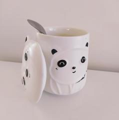 Seramik Panda Kupa Kapaklı Kaşıklı Bardak