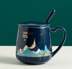 Seramik Love Your Life Kapaklı Kaşıklı Kupa Bardak