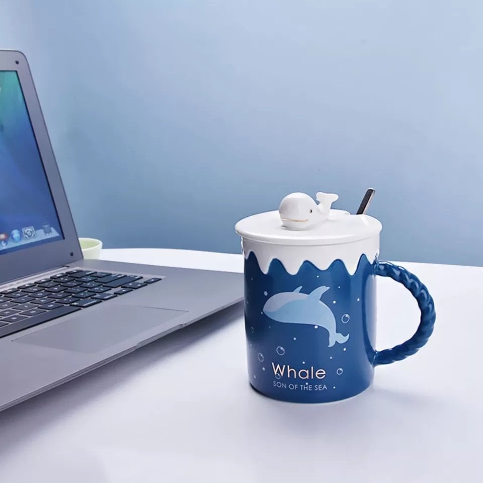 Balina Tasarım Kupa Seramik Kapaklı Kaşıklı Bardak