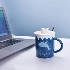 Balina Tasarım Kupa Seramik Kapaklı Kaşıklı Bardak