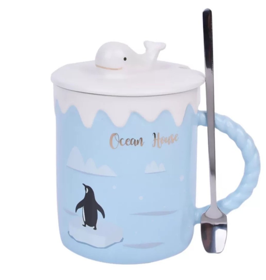 Balina Tasarım Kupa Seramik Kapaklı Kaşıklı Bardak