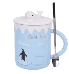 Balina Tasarım Kupa Seramik Kapaklı Kaşıklı Bardak