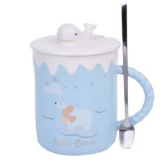 Balina Tasarım Kupa Seramik Kapaklı Kaşıklı Bardak