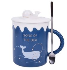 Balina Tasarım Kupa Seramik Kapaklı Kaşıklı Bardak