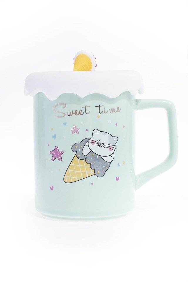 Dondurma Tasarım Kupa Seramik Kapaklı Kaşıklı Bardak Yeşil