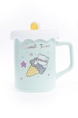 Dondurma Tasarım Kupa Seramik Kapaklı Kaşıklı Bardak Yeşil