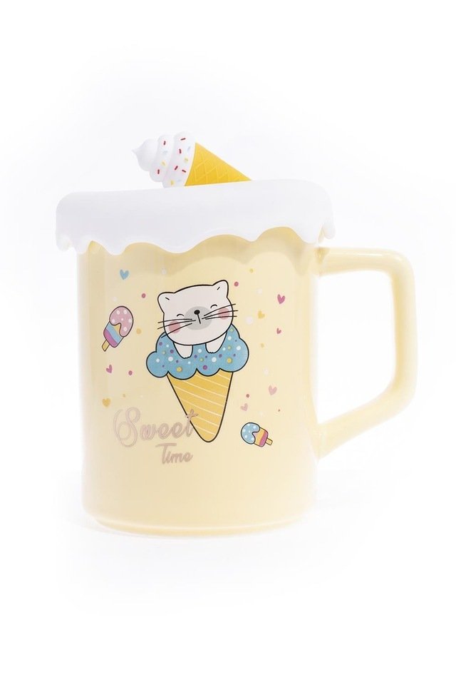 Dondurma Kupa Seramik Kapaklı Kaşıklı Bardak Sarı