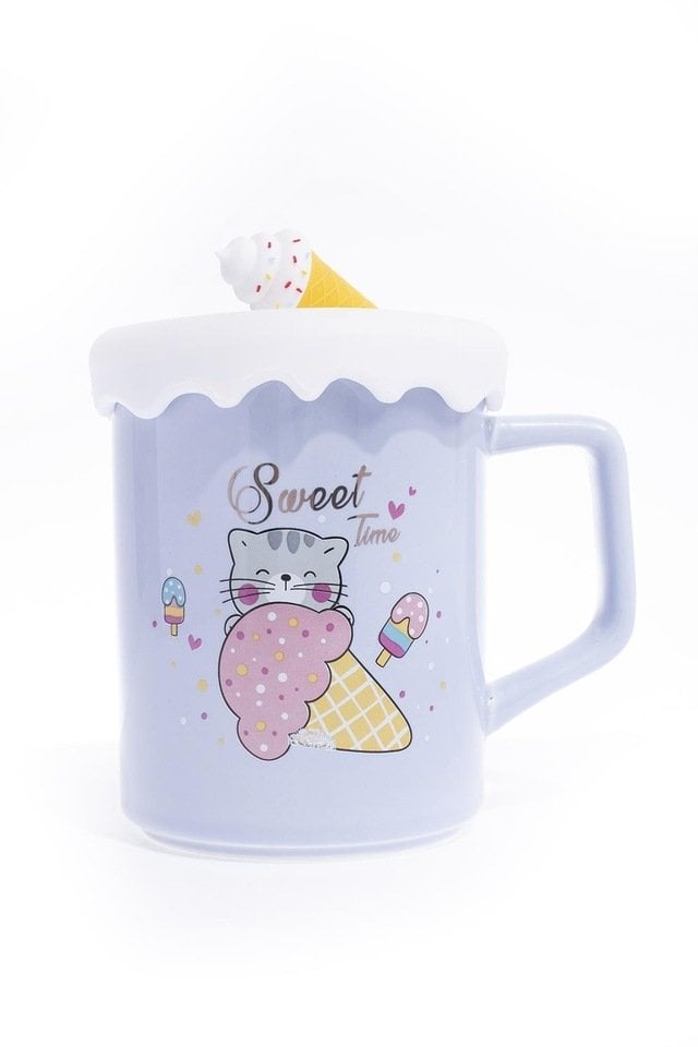 Dondurma Kupa Seramik Kapaklı Kaşıklı Bardak Mor