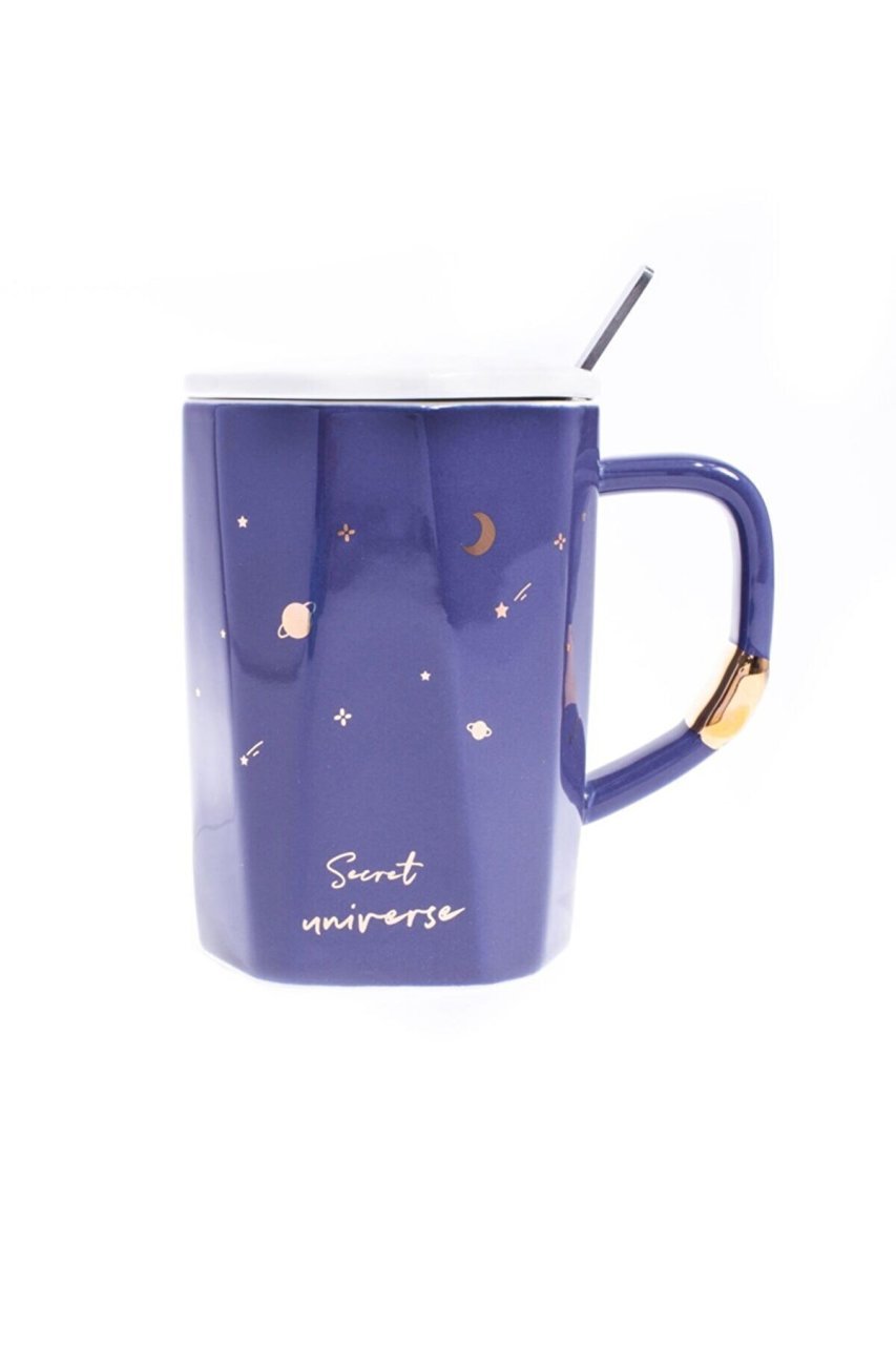 Moon Gökyüzü Tasarım Seramik Kapaklı Kaşıklı Kupa Bardak