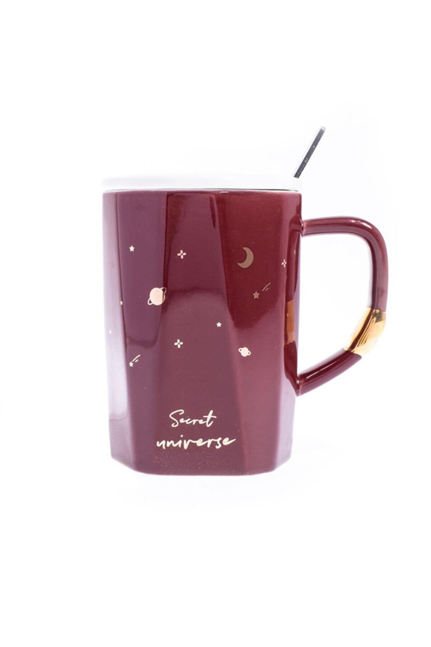 Moon Gökyüzü Tasarım Seramik Kapaklı Kaşıklı Kupa Bardak