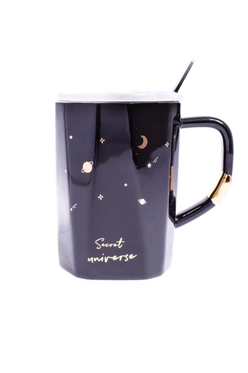 Moon Gökyüzü Tasarım Seramik Kapaklı Kaşıklı Kupa Bardak