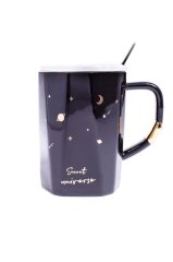 Moon Gökyüzü Tasarım Seramik Kapaklı Kaşıklı Kupa Bardak