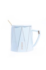 Luxury Kaşıklı Kapaklı Seramik Kupa Bardak Mavi